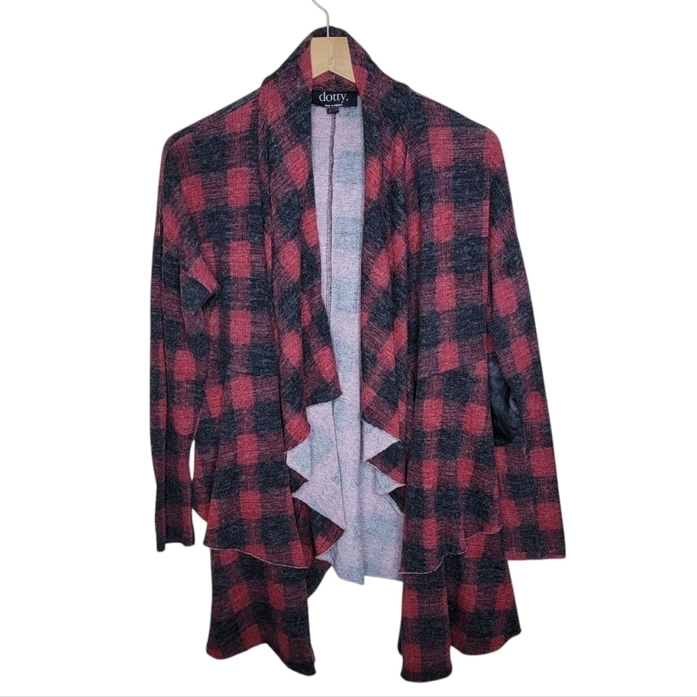 Dotty Womens Red Black Plaid Cascade Tiered Open Front Cardigan Small